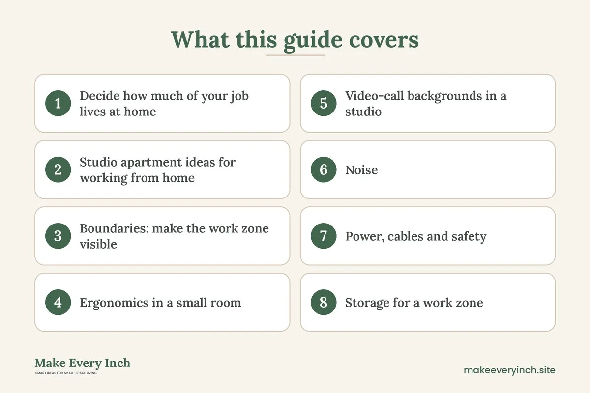 Graphic listing 8 topics covered in: Studio Apartment Ideas for Working from Home