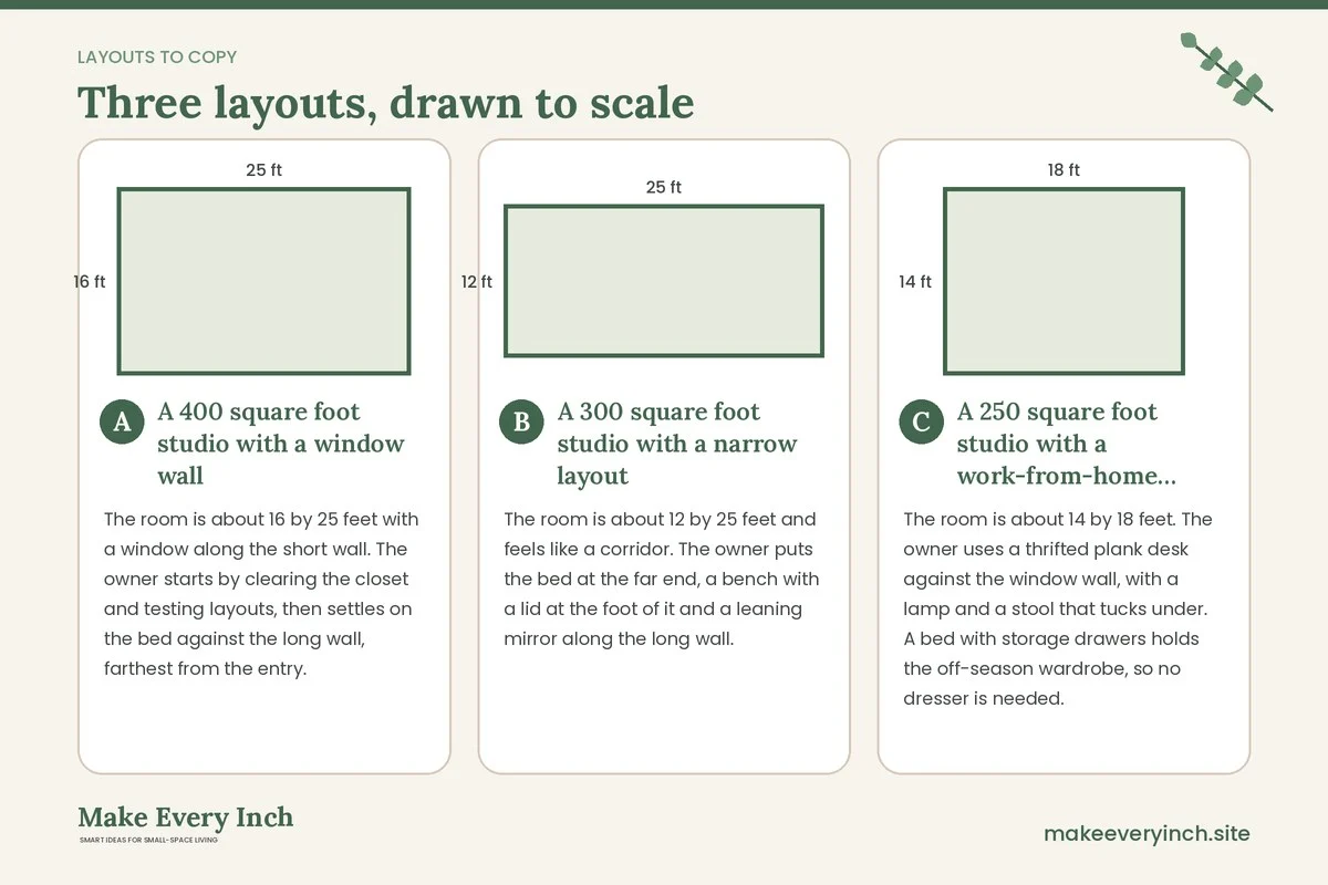 Three room layouts drawn to scale with dimensions and placement notes for: Studio Apartment Ideas on a Budget