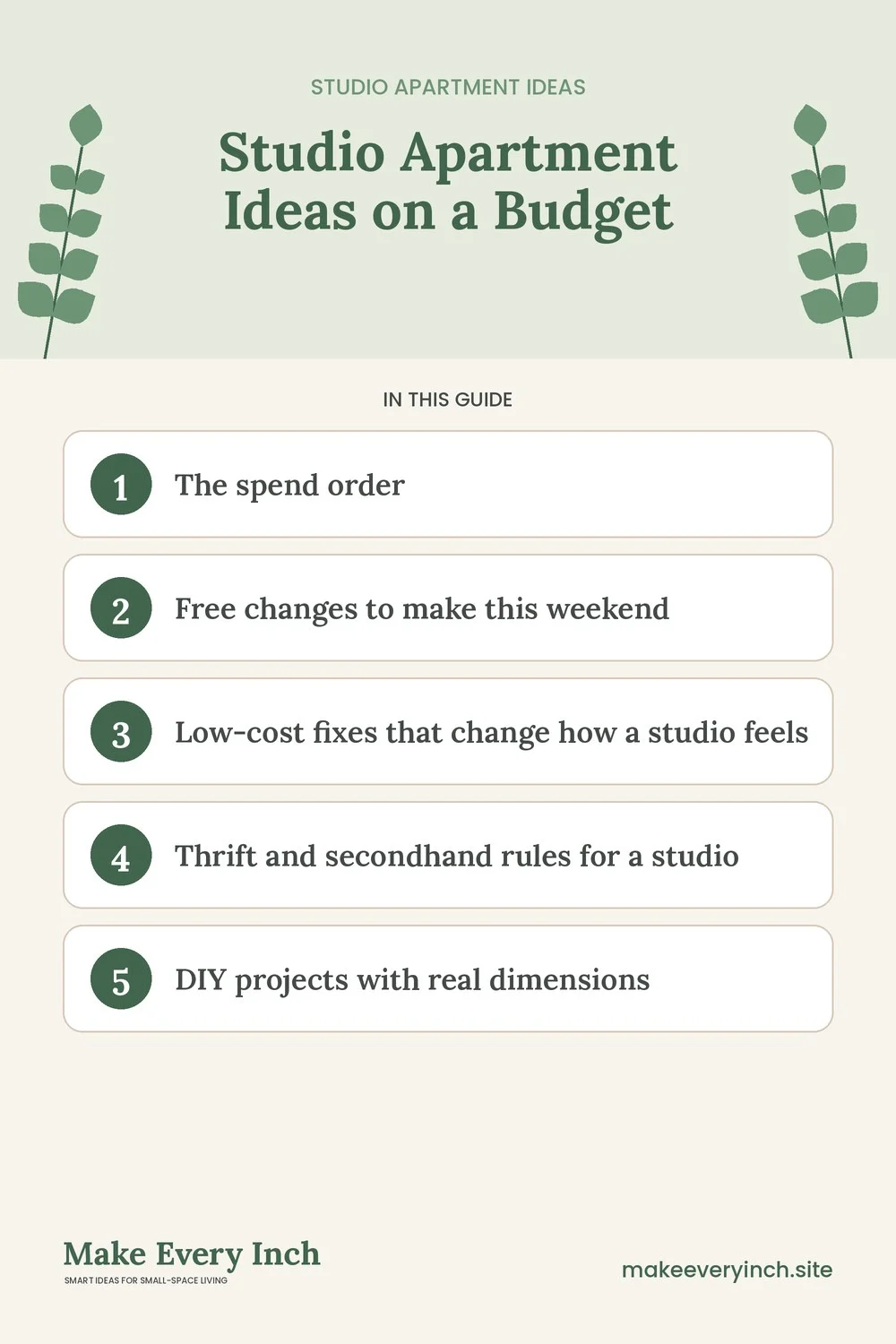 Pinterest pin listing the main topics in: Studio Apartment Ideas on a Budget