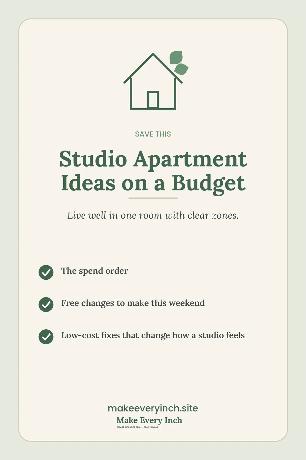 Save-this Pinterest pin with a short checklist for: Studio Apartment Ideas on a Budget