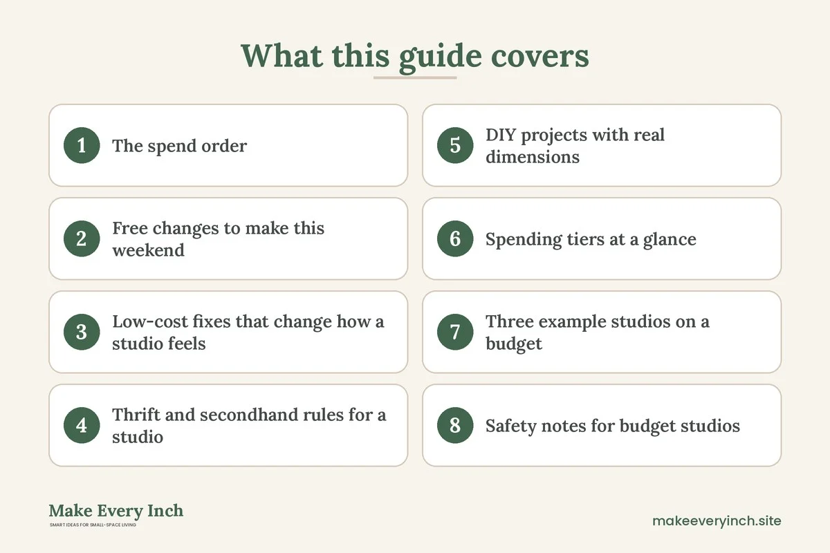 Graphic listing 8 topics covered in: Studio Apartment Ideas on a Budget