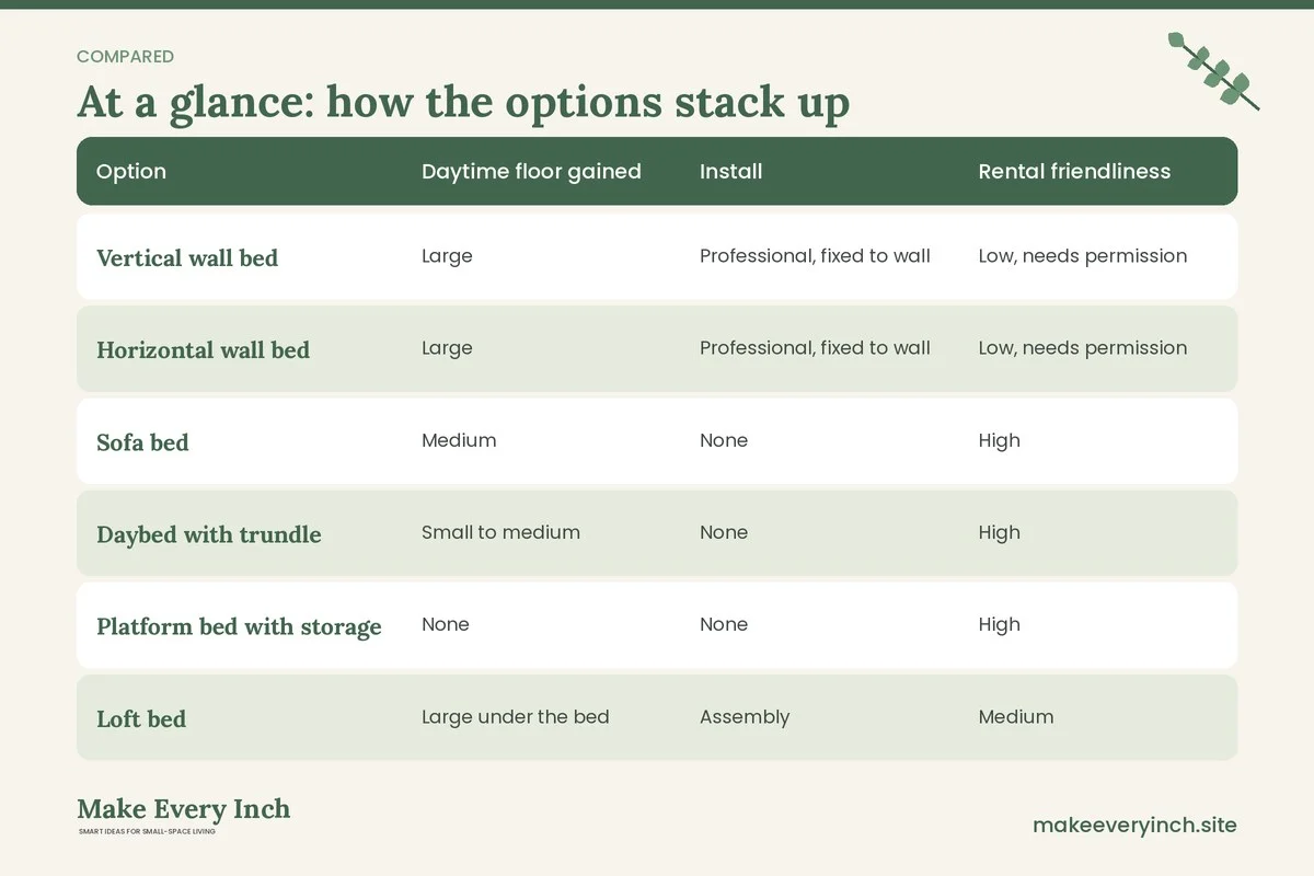Comparison table of options for: Studio Apartment Ideas with a Murphy Bed (Option, Daytime floor gained, Install, Rental friendliness)