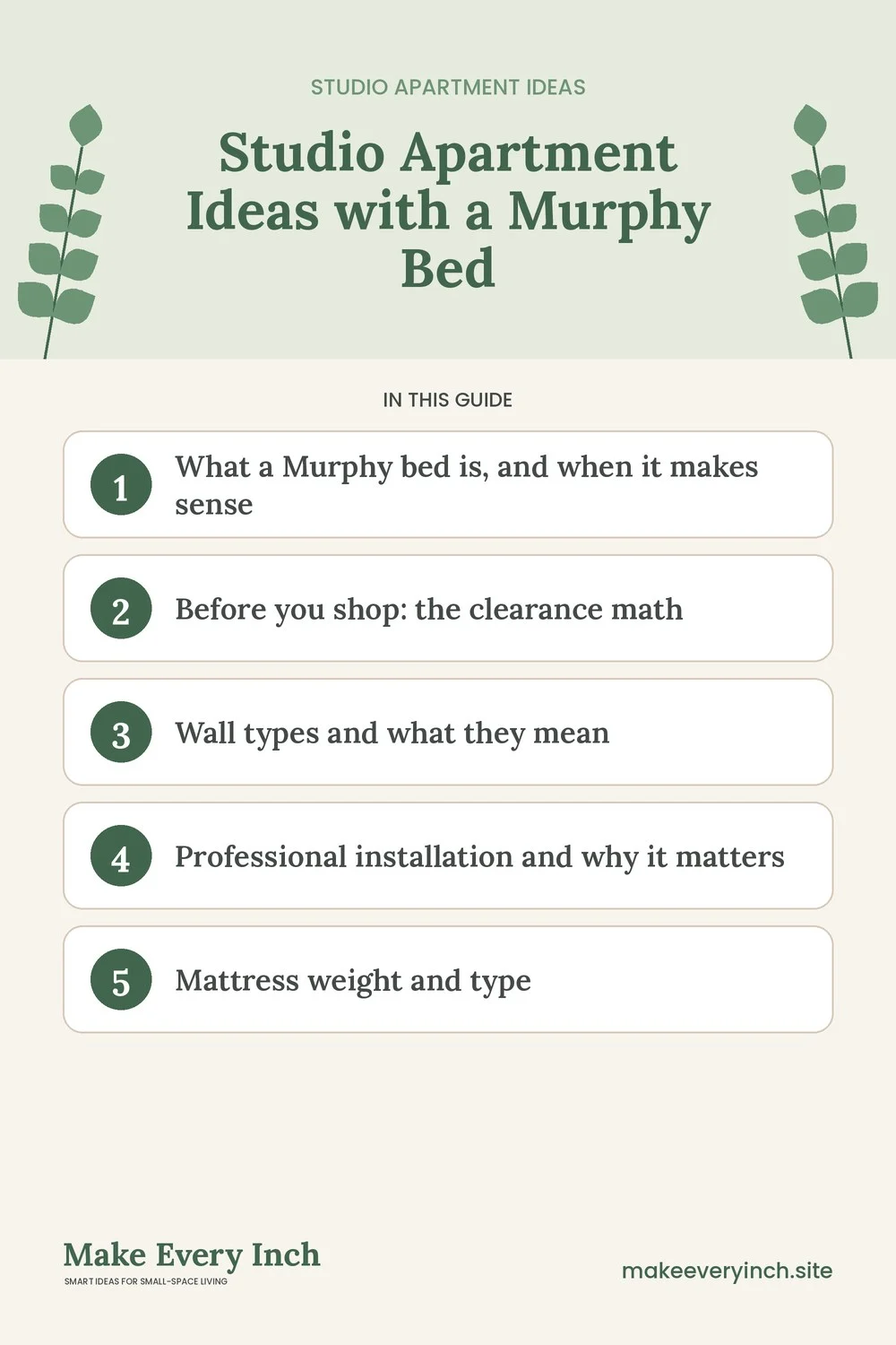 Pinterest pin listing the main topics in: Studio Apartment Ideas with a Murphy Bed