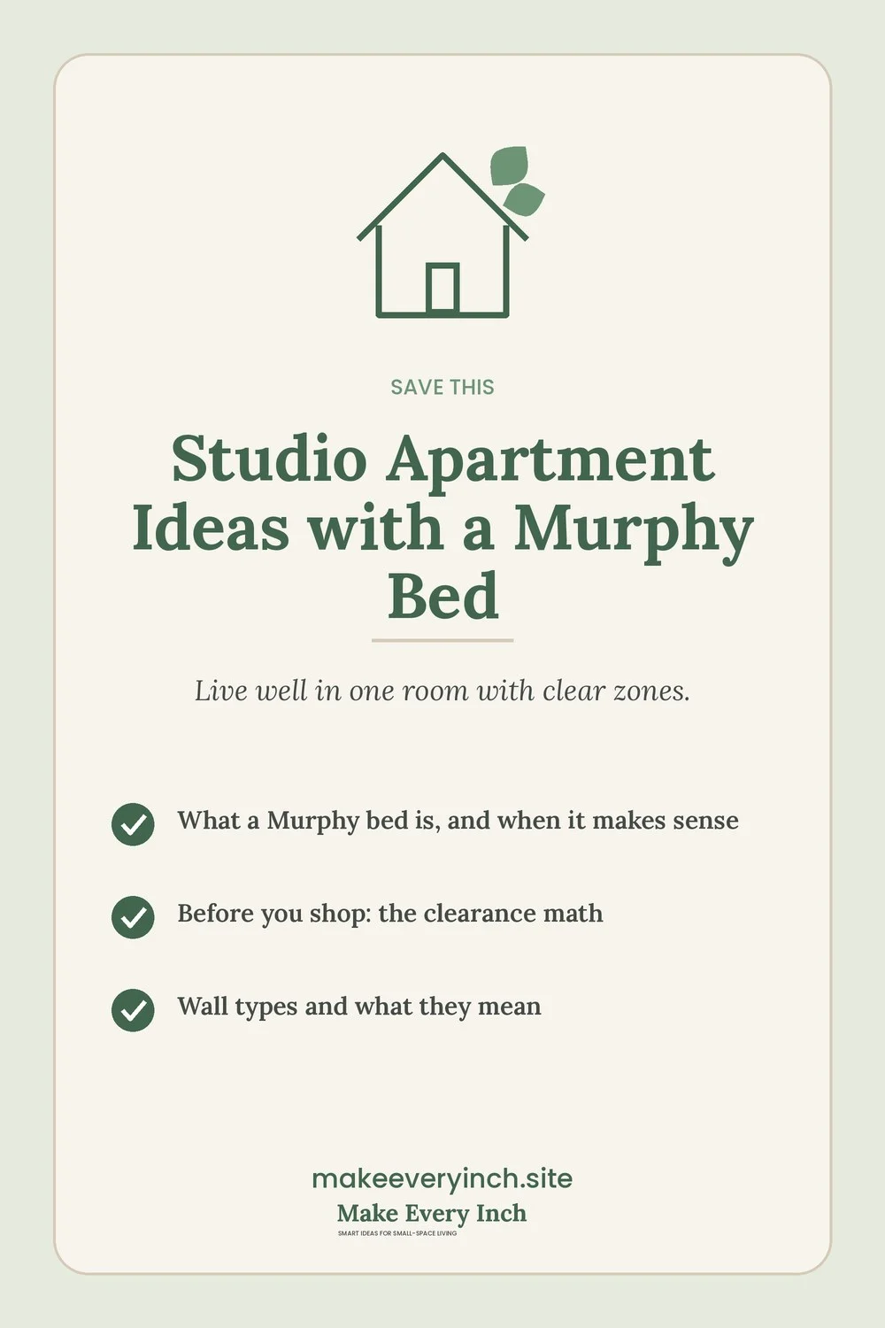 Save-this Pinterest pin with a short checklist for: Studio Apartment Ideas with a Murphy Bed