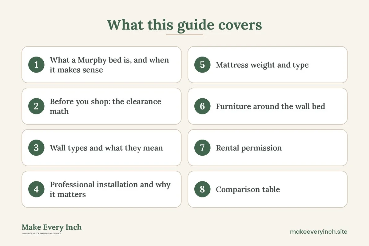 Graphic listing 8 topics covered in: Studio Apartment Ideas with a Murphy Bed