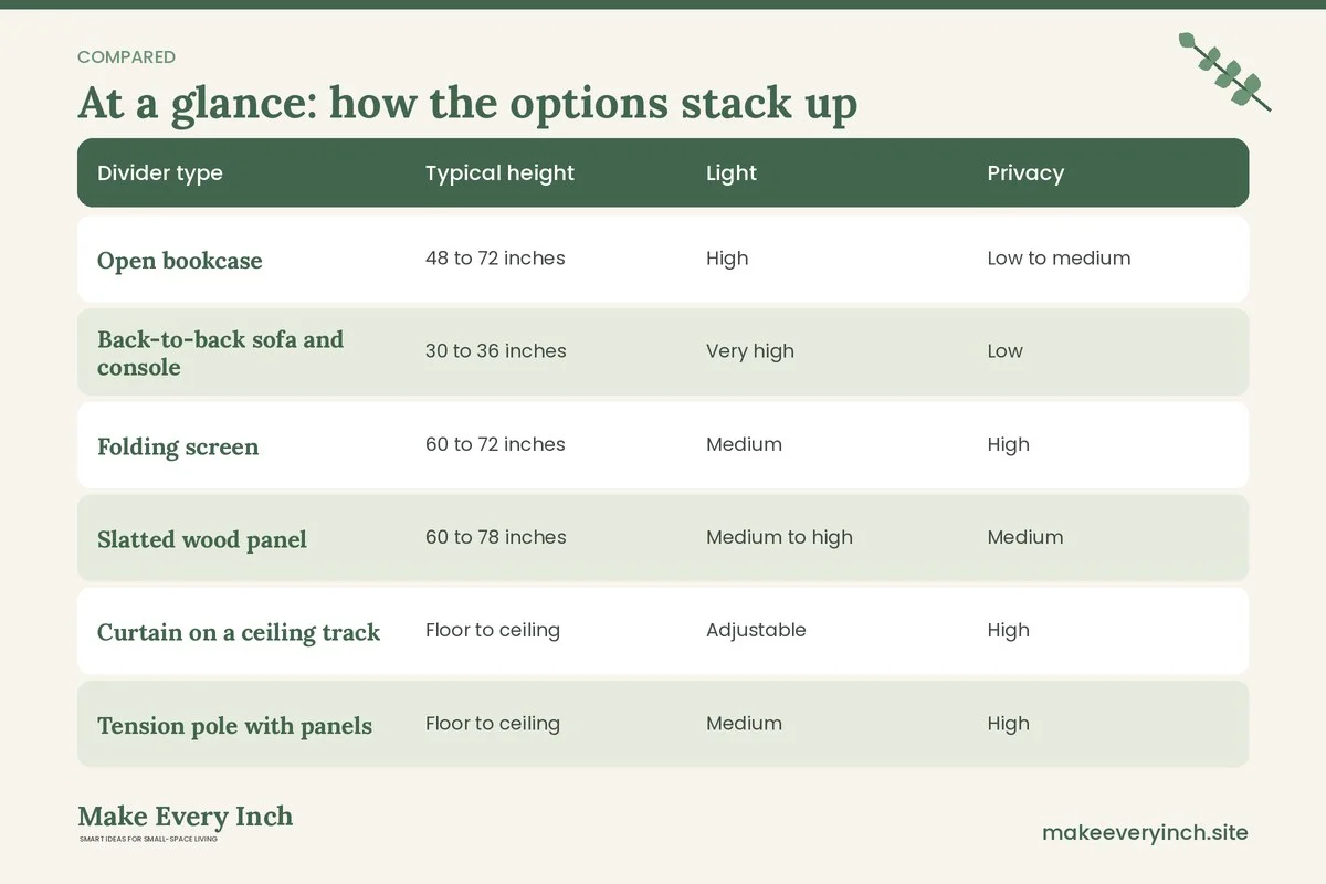 Comparison table of options for: Studio Apartment Ideas with a Room Divider (Divider type, Typical height, Light, Privacy)