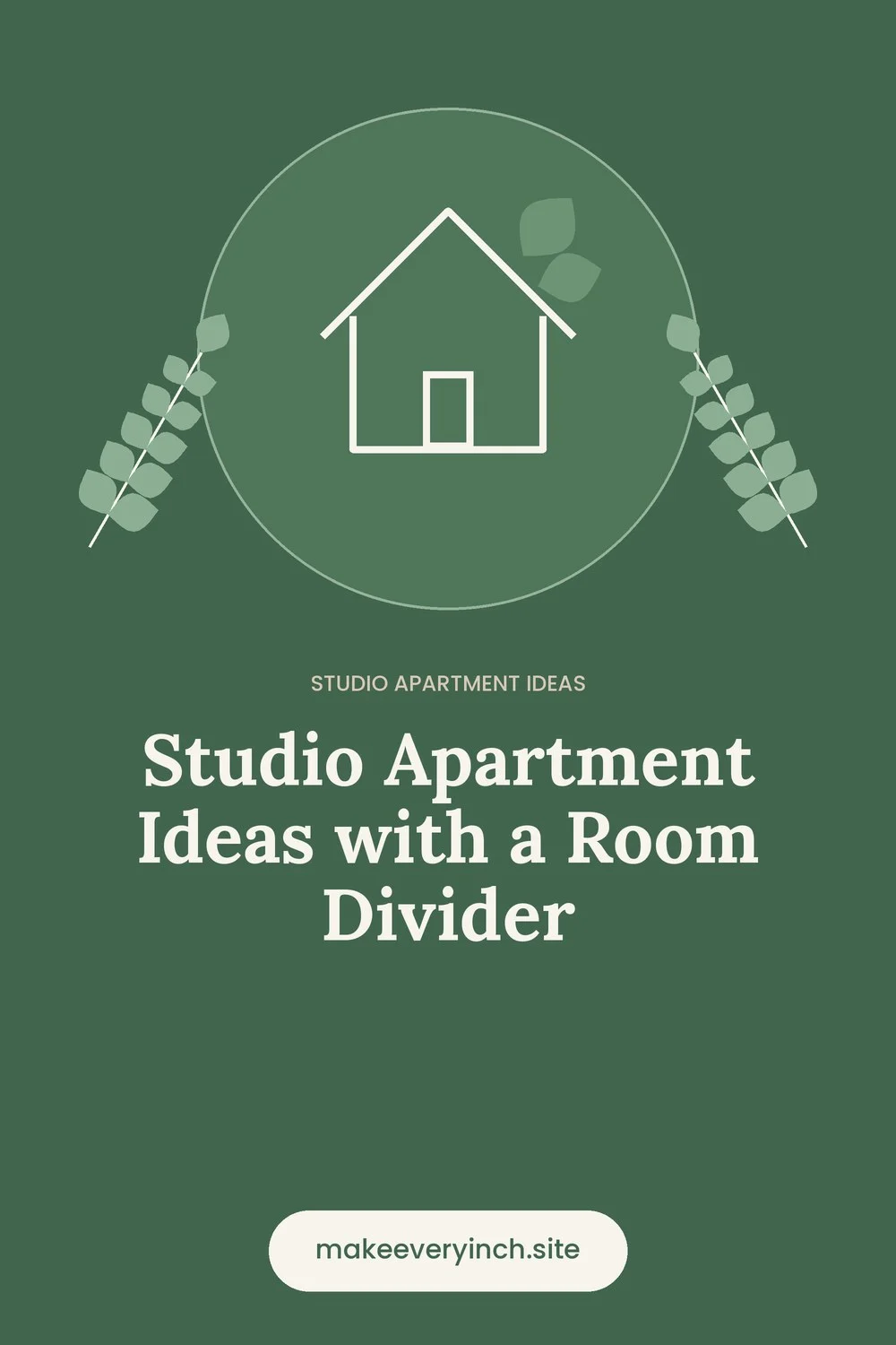 Pinterest pin: Studio Apartment Ideas with a Room Divider, with a house and leaf illustration