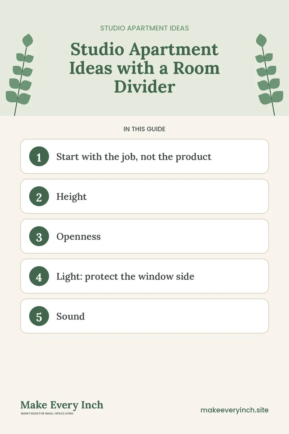 Pinterest pin listing the main topics in: Studio Apartment Ideas with a Room Divider