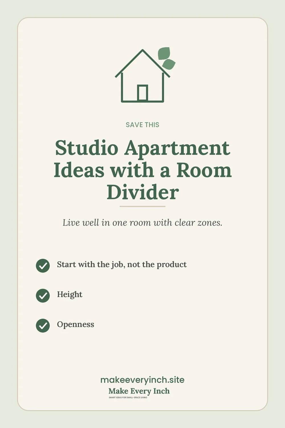 Save-this Pinterest pin with a short checklist for: Studio Apartment Ideas with a Room Divider