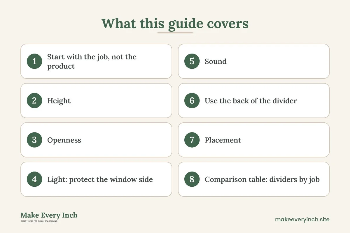Graphic listing 8 topics covered in: Studio Apartment Ideas with a Room Divider