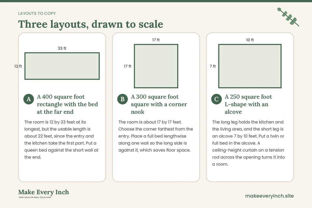 Three room layouts drawn to scale with dimensions and placement notes for: Studio Apartment Ideas with a Separate Bedroom Feel