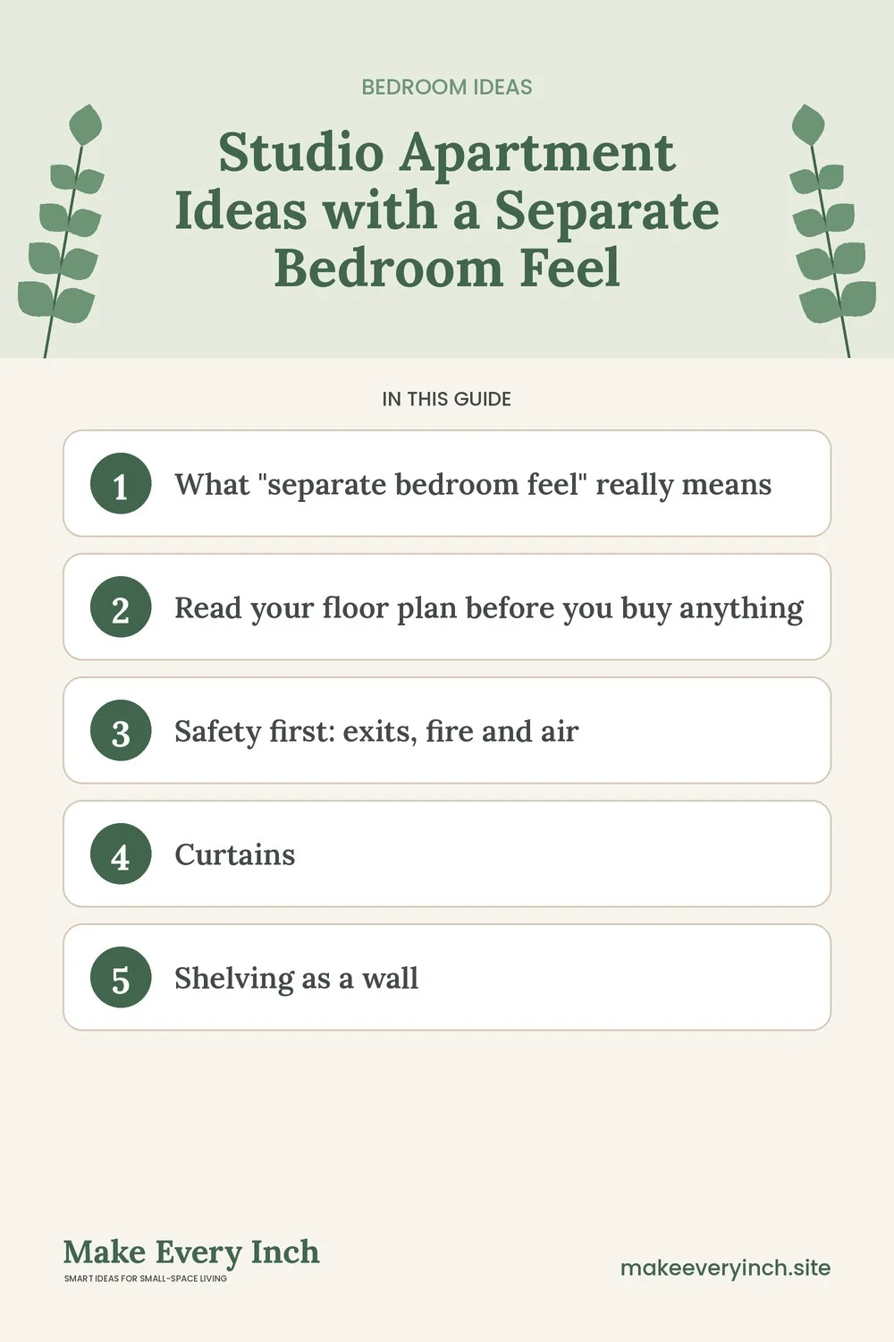 Pinterest pin listing the main topics in: Studio Apartment Ideas with a Separate Bedroom Feel