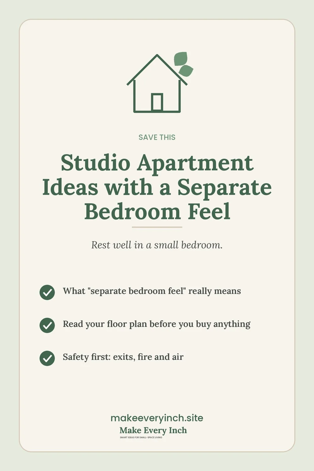 Save-this Pinterest pin with a short checklist for: Studio Apartment Ideas with a Separate Bedroom Feel
