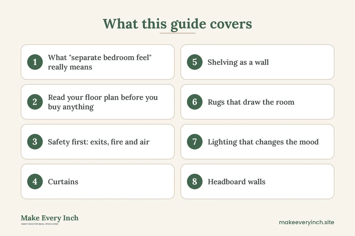 Graphic listing 8 topics covered in: Studio Apartment Ideas with a Separate Bedroom Feel