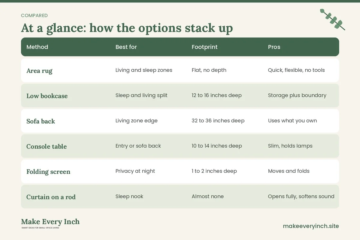 Comparison table of options for: Studio Apartment Layout Ideas That Create Zones (Method, Best for, Footprint, Pros)