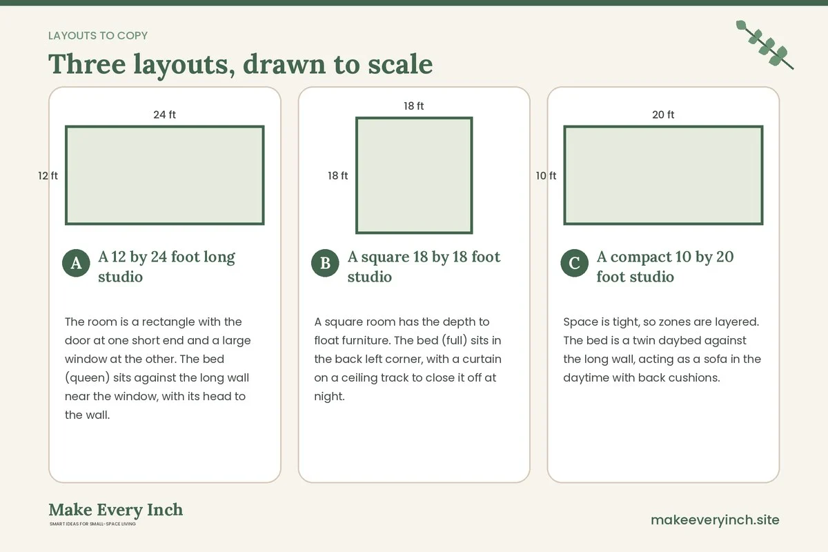 Three room layouts drawn to scale with dimensions and placement notes for: Studio Apartment Layout Ideas That Create Zones