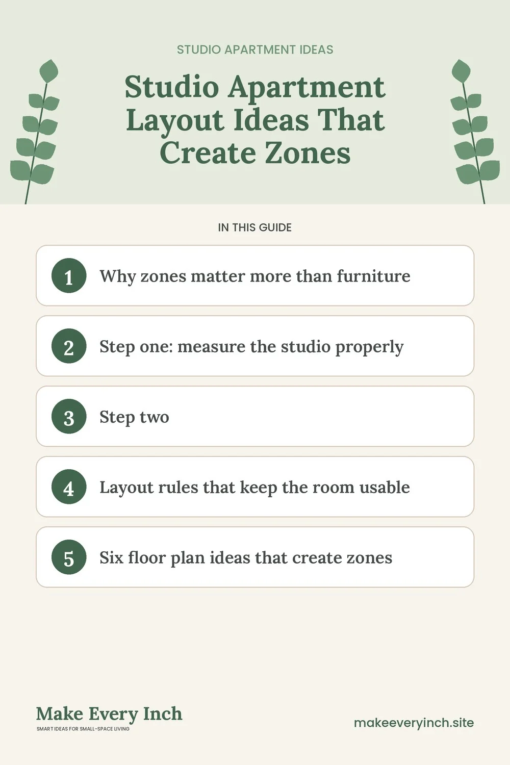 Pinterest pin listing the main topics in: Studio Apartment Layout Ideas That Create Zones