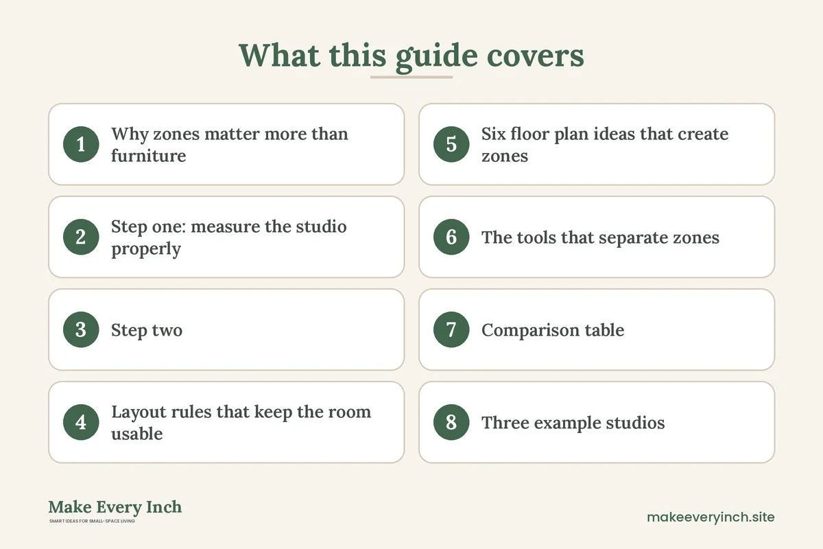 Graphic listing 8 topics covered in: Studio Apartment Layout Ideas That Create Zones