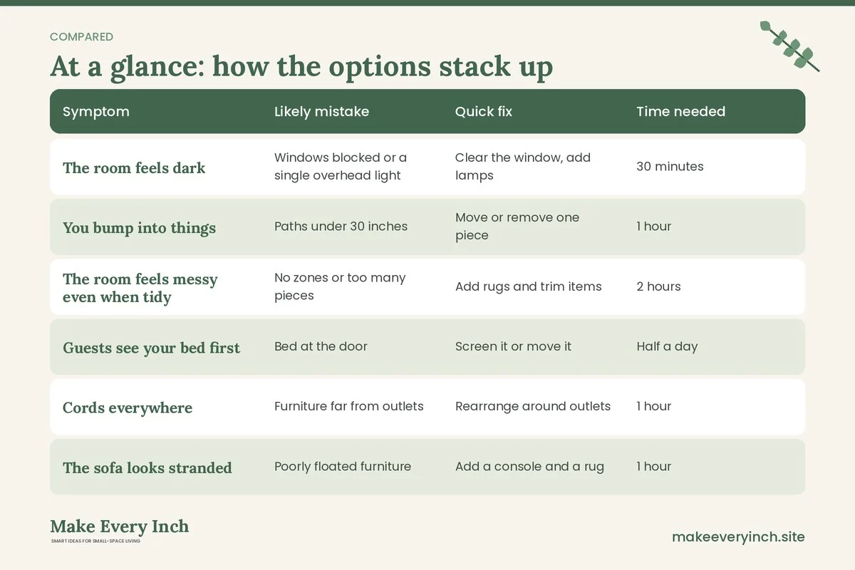 Comparison table of options for: Studio Apartment Layout Mistakes to Avoid (Symptom, Likely mistake, Quick fix, Time needed)