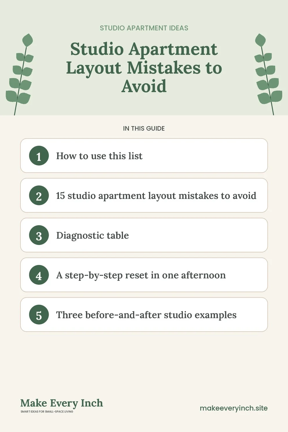 Pinterest pin listing the main topics in: Studio Apartment Layout Mistakes to Avoid