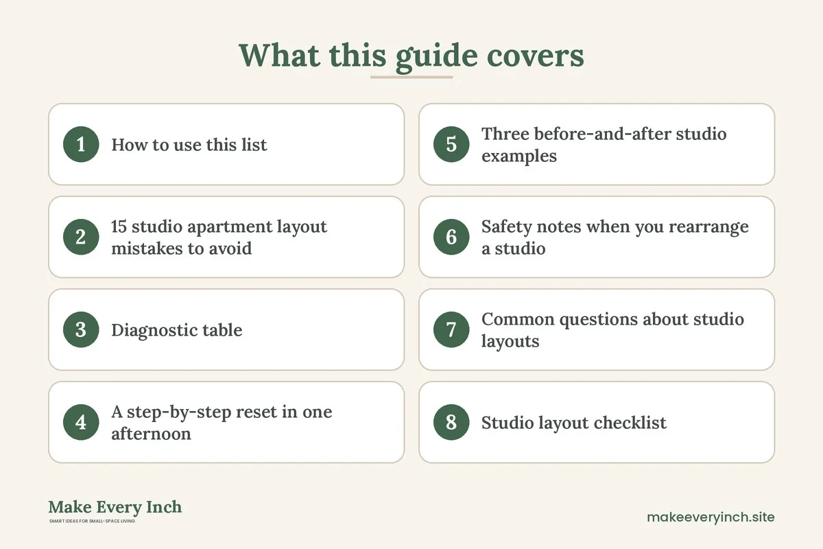 Graphic listing 8 topics covered in: Studio Apartment Layout Mistakes to Avoid