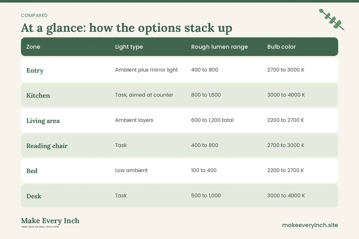 Comparison table of options for: Studio Apartment Lighting Ideas (Zone, Light type, Rough lumen range, Bulb color)