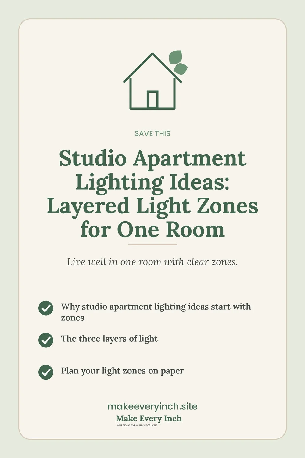 Save-this Pinterest pin with a short checklist for: Studio Apartment Lighting Ideas
