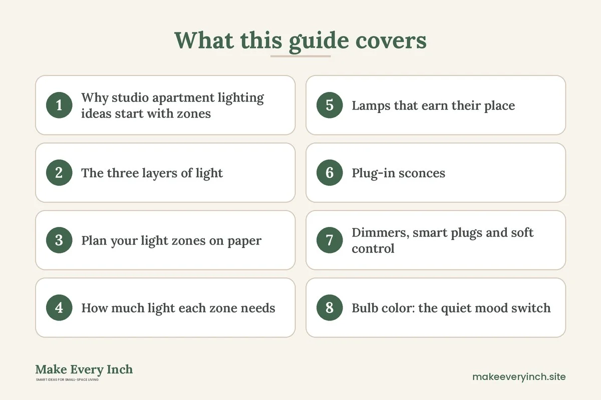 Graphic listing 8 topics covered in: Studio Apartment Lighting Ideas
