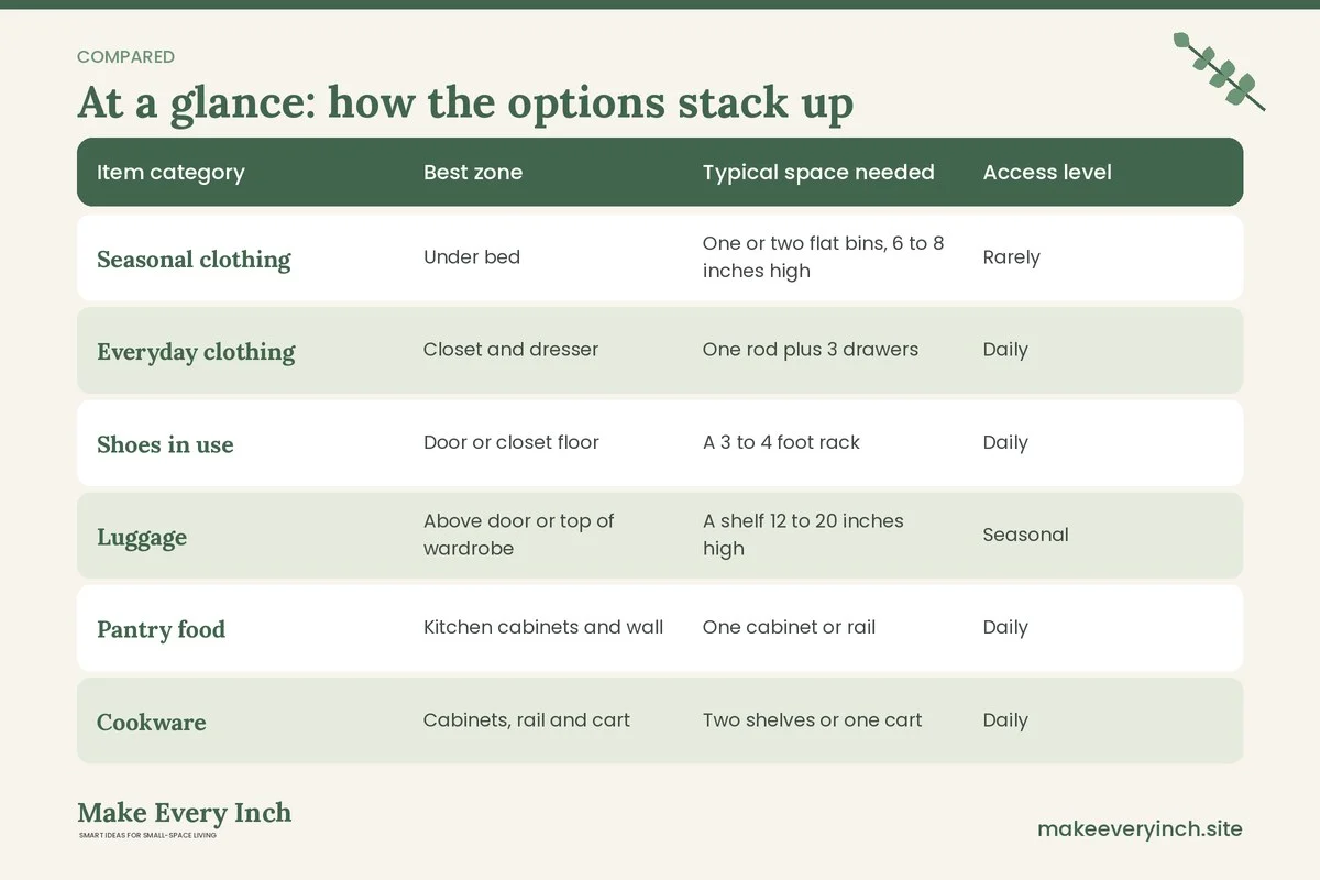 Comparison table of options for: Studio Apartment Storage Ideas (Item category, Best zone, Typical space needed, Access level)