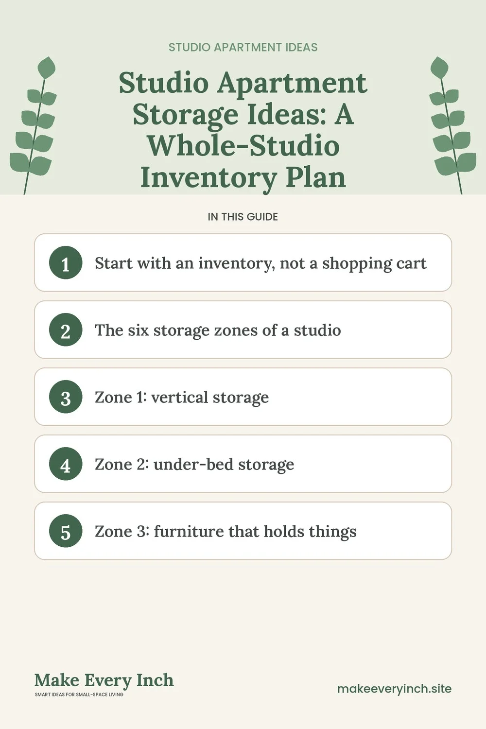 Pinterest pin listing the main topics in: Studio Apartment Storage Ideas