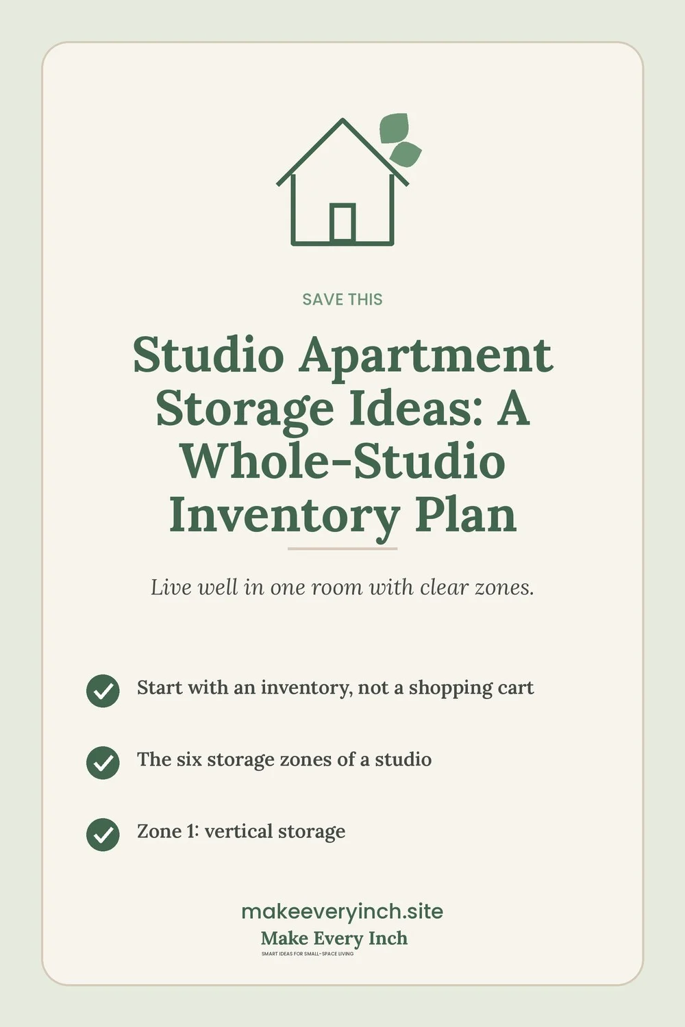 Save-this Pinterest pin with a short checklist for: Studio Apartment Storage Ideas