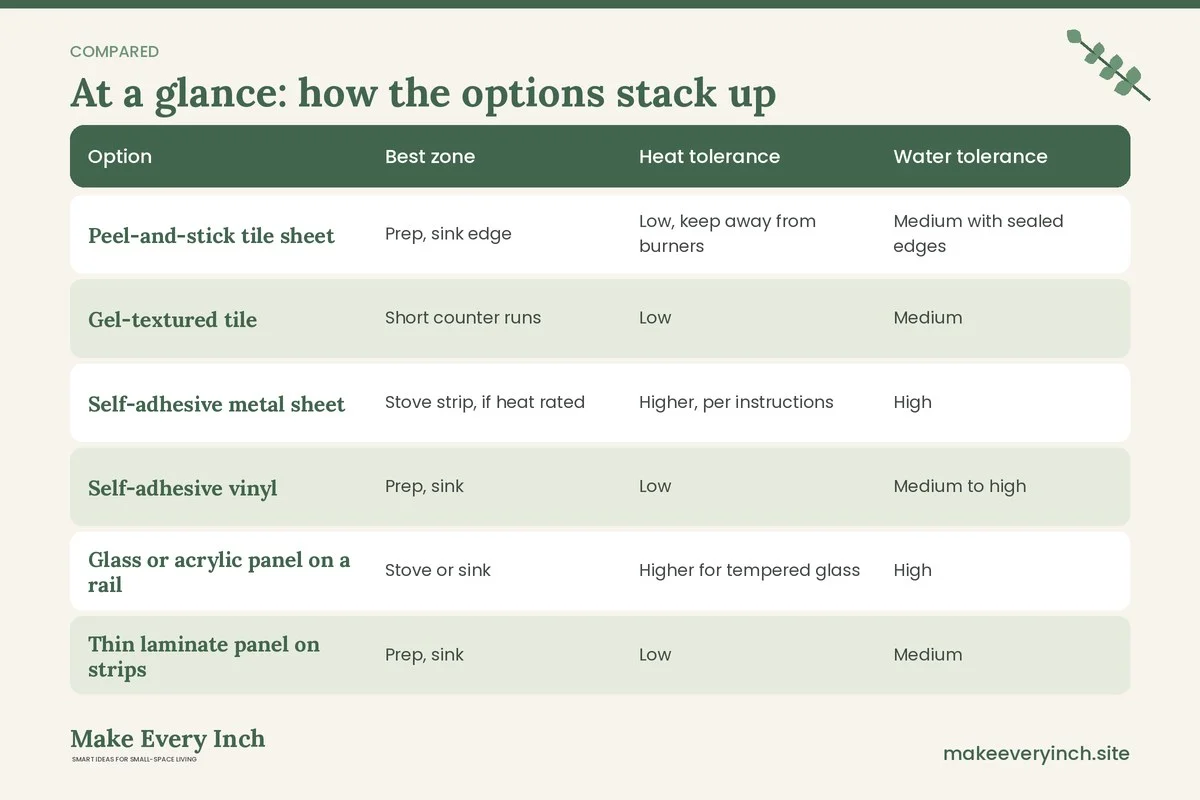 Comparison table of options for: 12 Temporary Backsplash Ideas for Rental Kitchens That Peel Clean (Option, Best zone, Heat tolerance, Water tolerance)