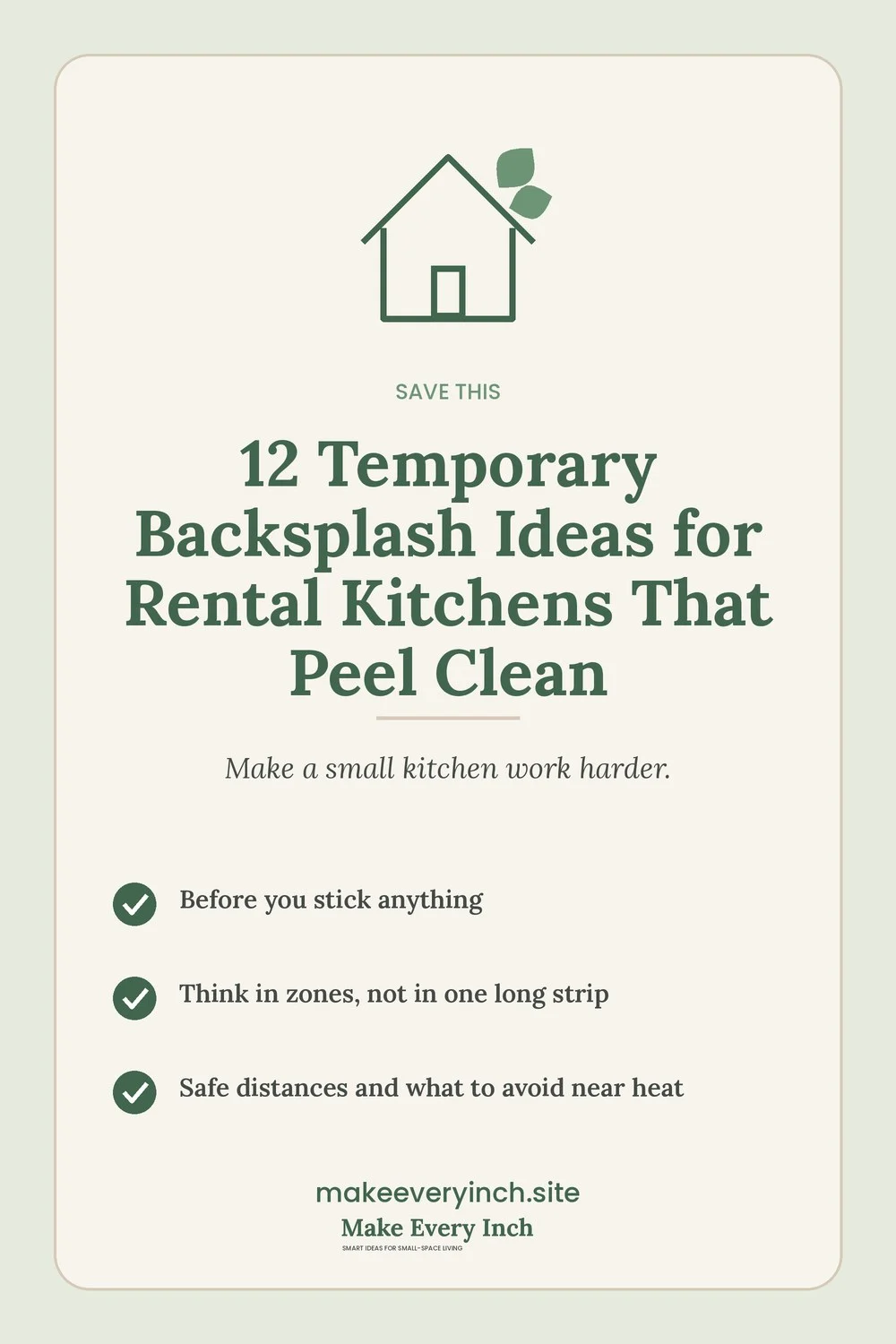 Save-this Pinterest pin with a short checklist for: 12 Temporary Backsplash Ideas for Rental Kitchens That Peel Clean