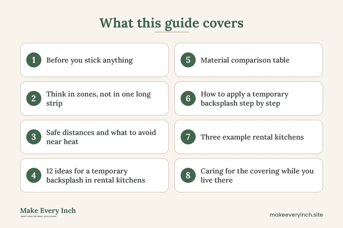 Graphic listing 8 topics covered in: 12 Temporary Backsplash Ideas for Rental Kitchens That Peel Clean