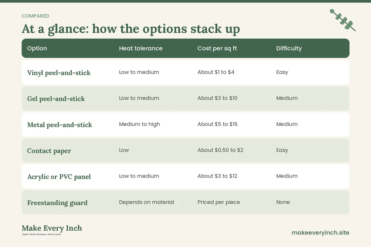 Comparison table of options for: 19 Temporary Backsplash Ideas for Renters That Peel Off Clean (Option, Heat tolerance, Cost per sq ft, Difficulty)