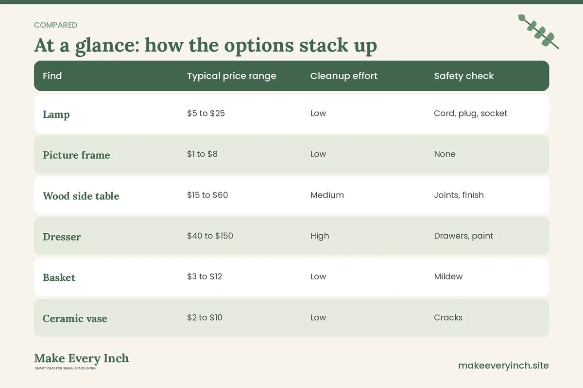Comparison table of options for: 21 Thrifted Apartment Decor Ideas for Small Spaces (Find, Typical price range, Cleanup effort, Safety check)