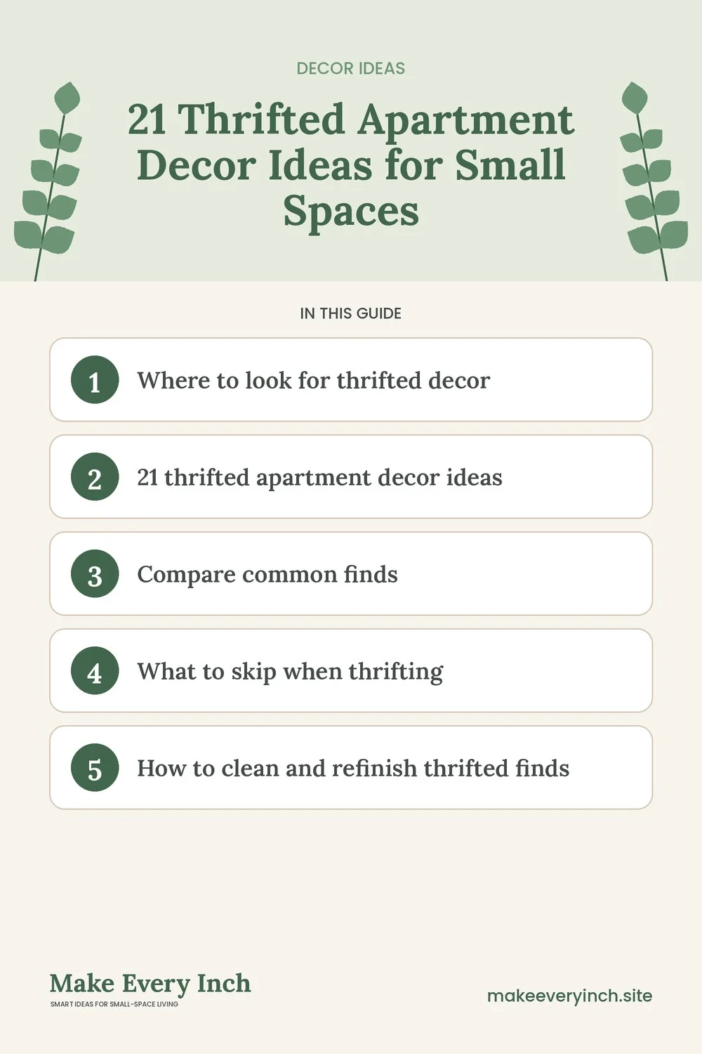 Pinterest pin listing the main topics in: 21 Thrifted Apartment Decor Ideas for Small Spaces