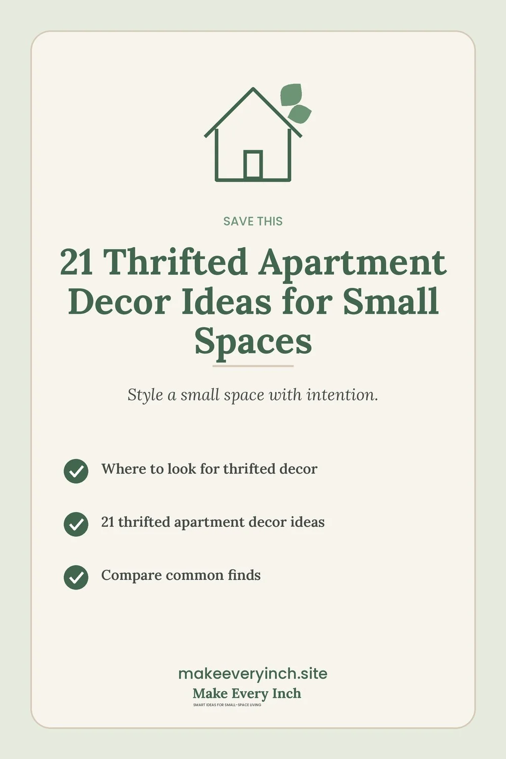 Save-this Pinterest pin with a short checklist for: 21 Thrifted Apartment Decor Ideas for Small Spaces