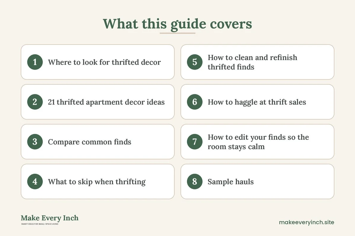 Graphic listing 8 topics covered in: 21 Thrifted Apartment Decor Ideas for Small Spaces