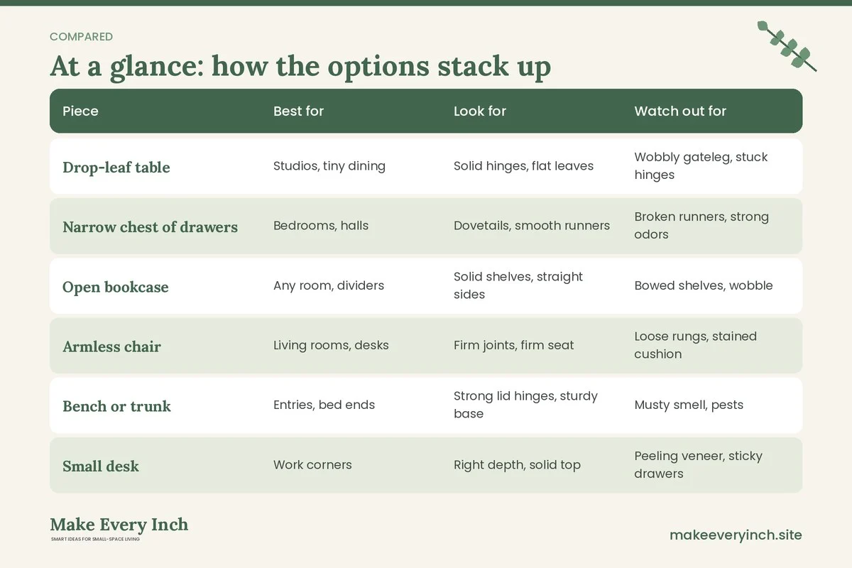 Comparison table of options for: Thrifted Furniture Ideas for Small Homes (Piece, Best for, Look for, Watch out for)