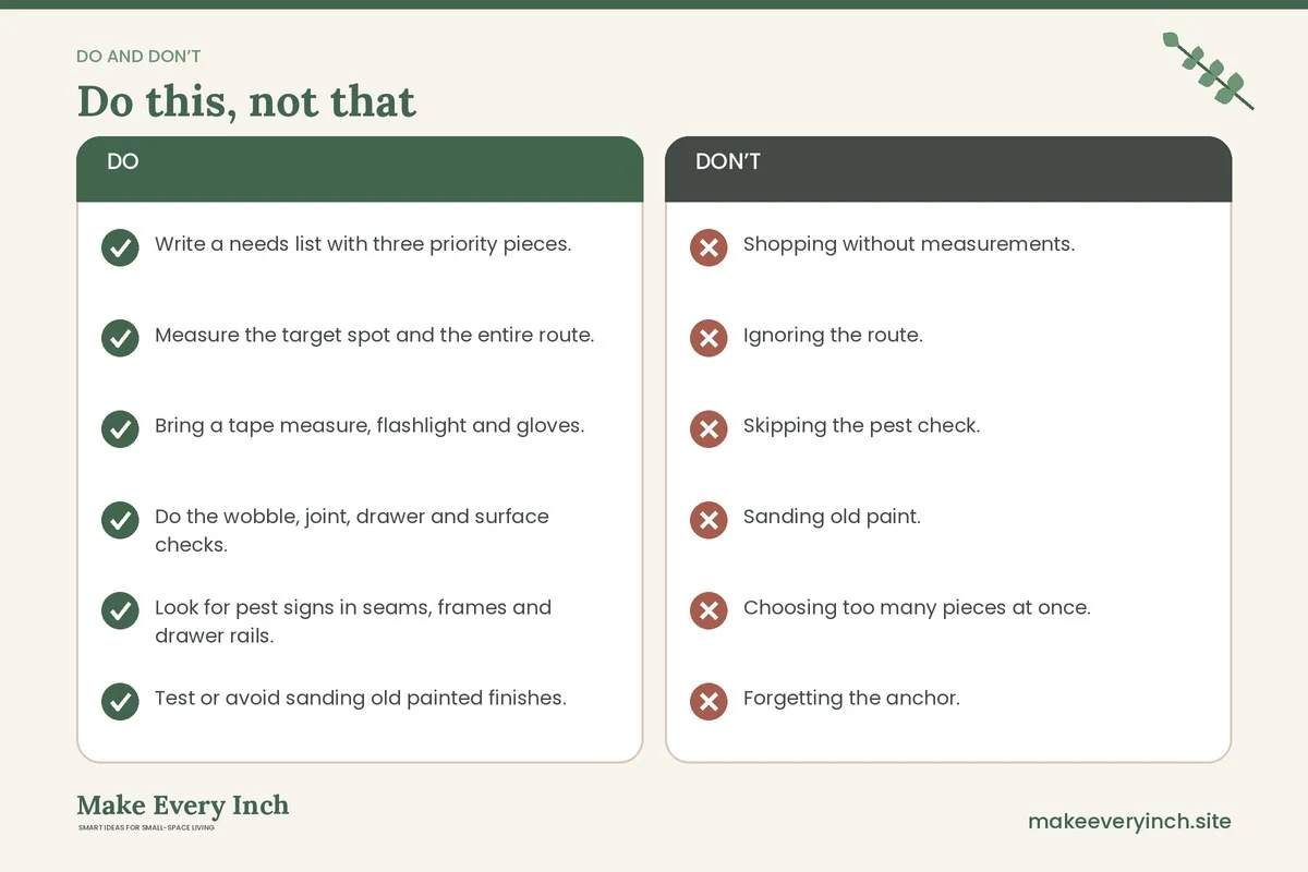 Do and don't checklist for: Thrifted Furniture Ideas for Small Homes