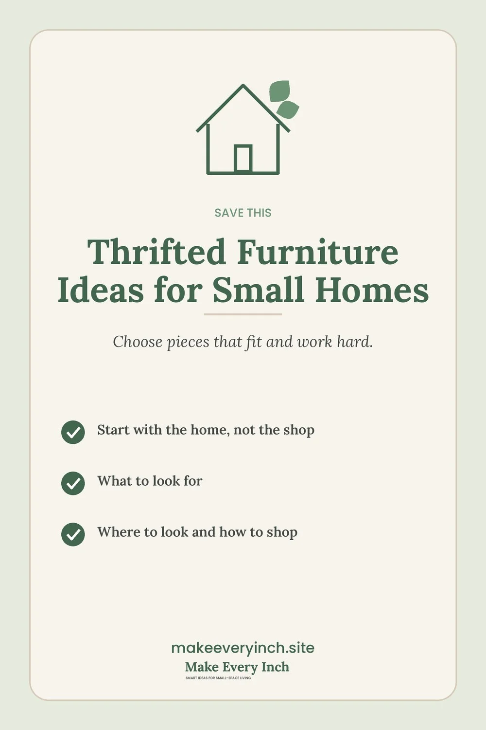 Save-this Pinterest pin with a short checklist for: Thrifted Furniture Ideas for Small Homes