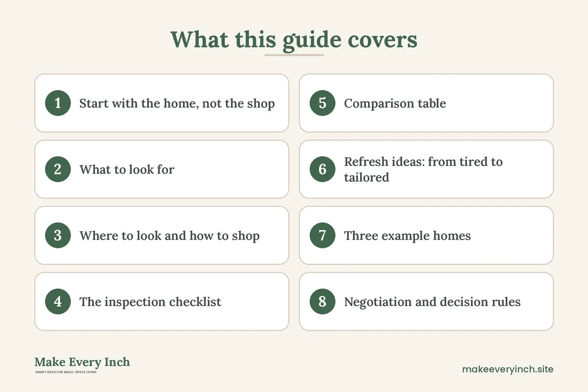Graphic listing 8 topics covered in: Thrifted Furniture Ideas for Small Homes