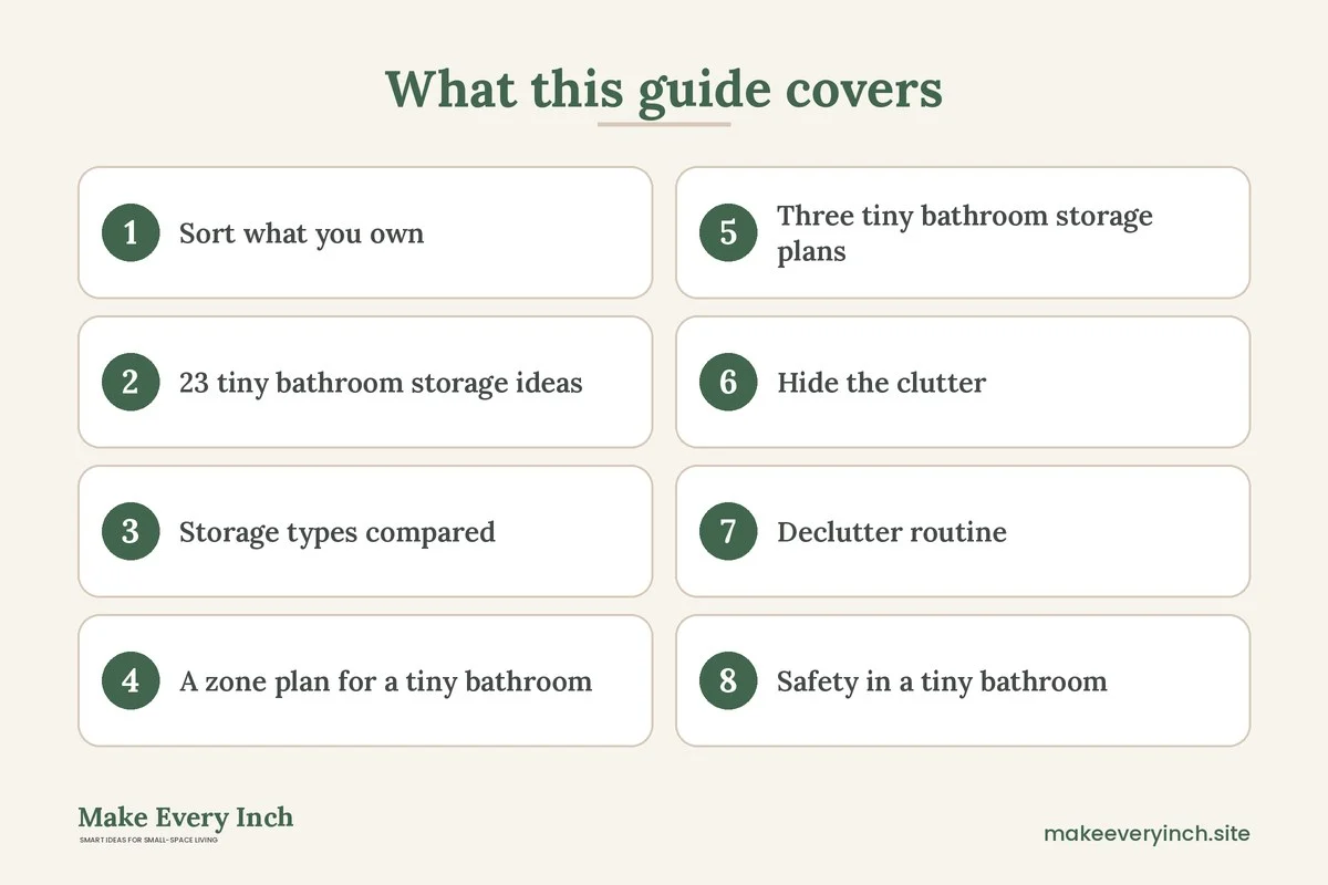 Graphic listing 8 topics covered in: 23 Tiny Bathroom Storage Ideas for Bathrooms With No Space