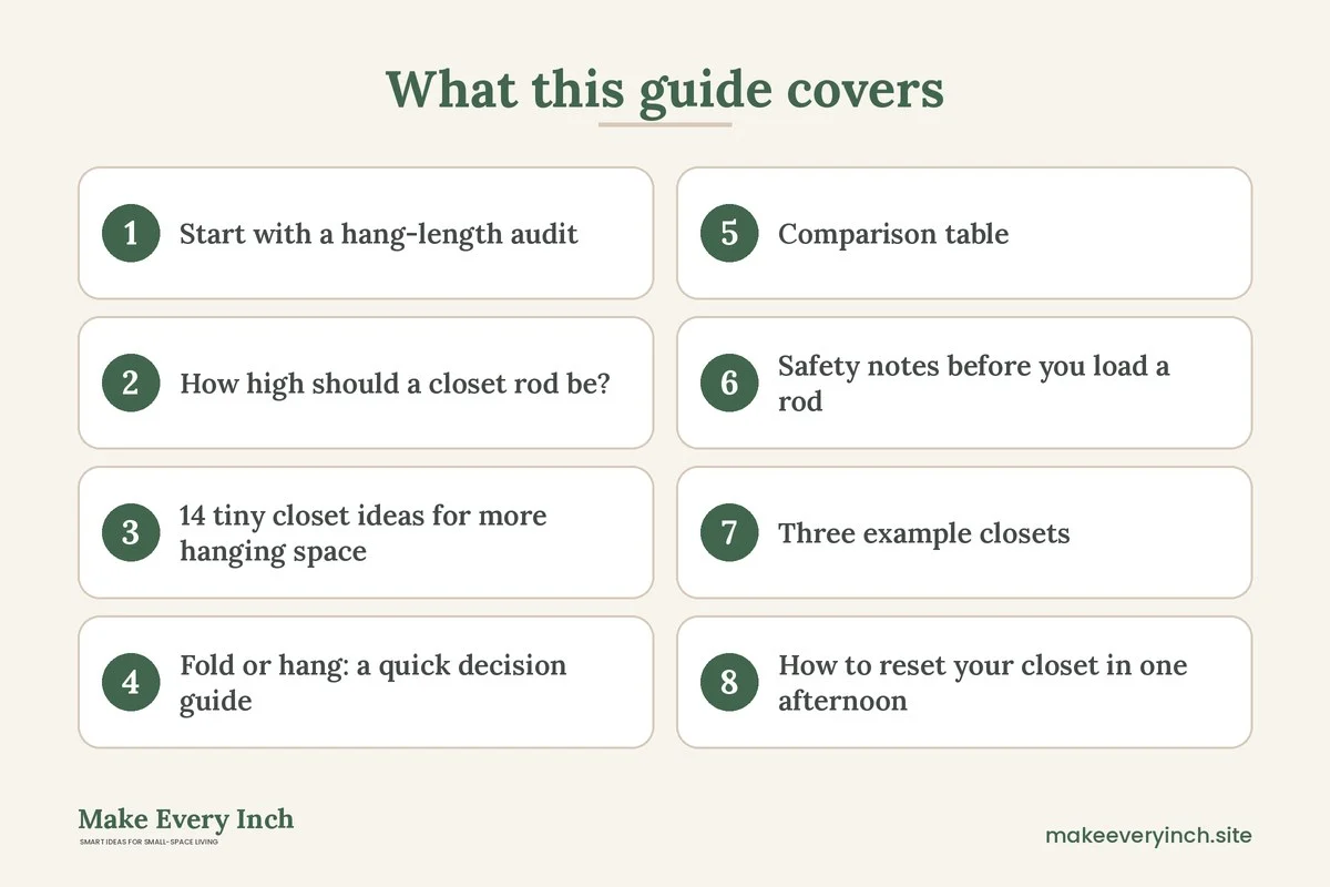 Graphic listing 8 topics covered in: Tiny Closet Ideas for More Hanging Space