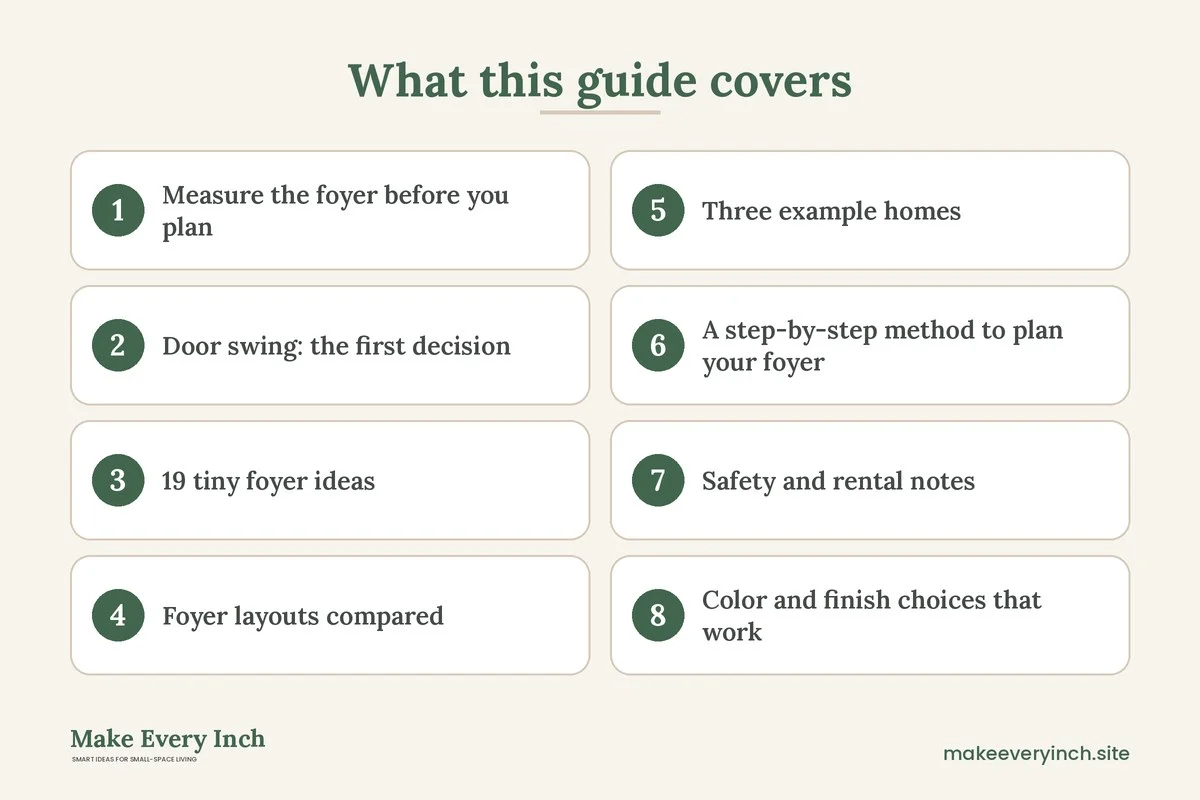 Graphic listing 8 topics covered in: 19 Tiny Foyer Ideas to Make a Small Entry Work
