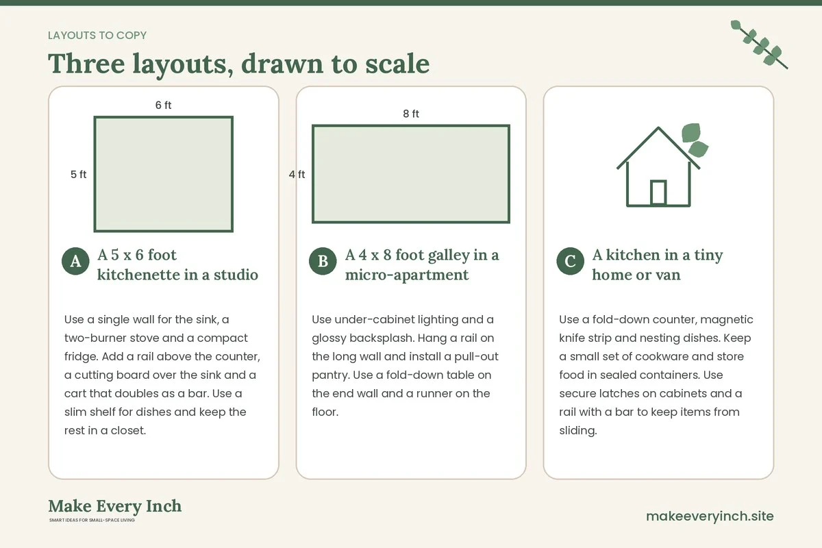 Three room layouts drawn to scale with dimensions and placement notes for: 23 Tiny Kitchen Ideas for Kitchens Under 50 Square Feet
