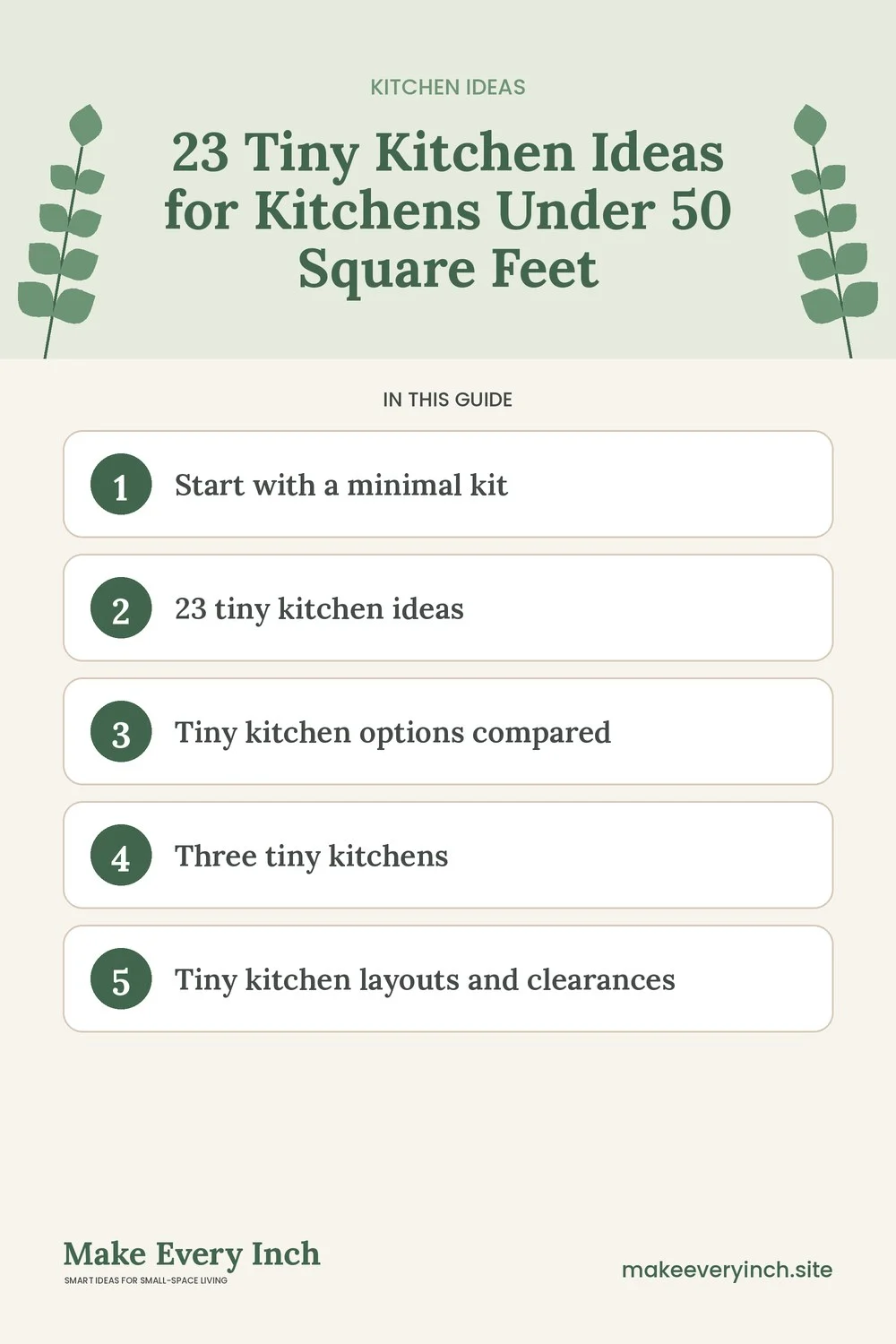 Pinterest pin listing the main topics in: 23 Tiny Kitchen Ideas for Kitchens Under 50 Square Feet