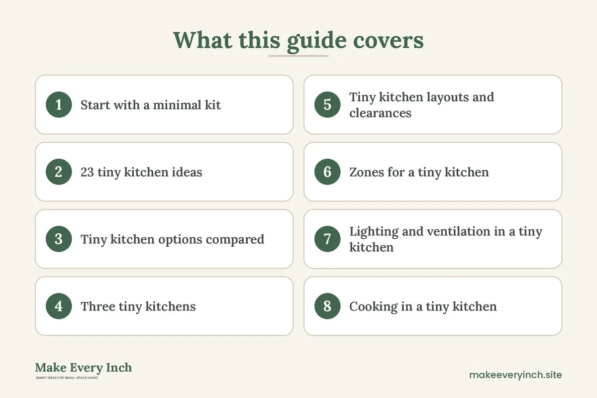 Graphic listing 8 topics covered in: 23 Tiny Kitchen Ideas for Kitchens Under 50 Square Feet