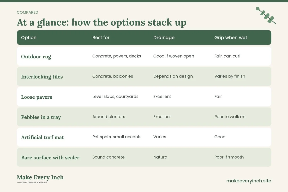 Comparison table of options for: 15 Ideas for a Tiny Outdoor Space Without Grass (Option, Best for, Drainage, Grip when wet)